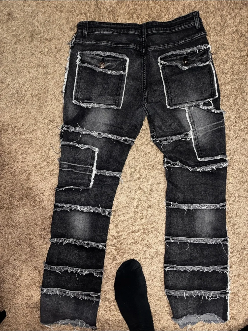 Men's Distressed Black Frayed Patchwork Jeans